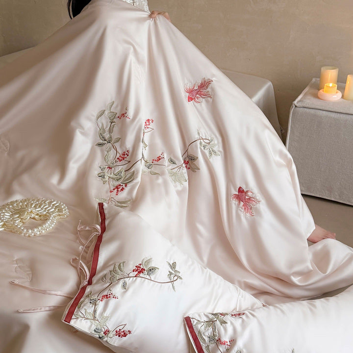 Embroidered satin bedding set with floral decorative embroidery and silky-soft feel Stornfield