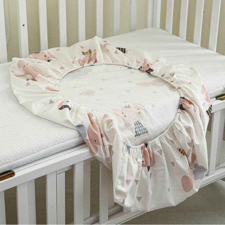 Printed Organic Cotton Fitted Crib Sheet & Pillowcase Set with Cute Elephant and Cloud Nursery Pattern