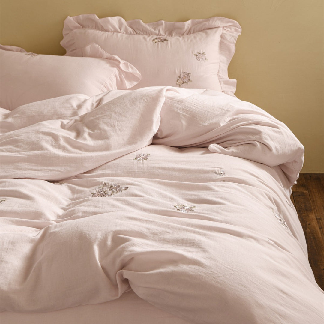 Embroidered Botanical Cotton-Linen Blend Ruffled Pillow Sham Duvet Cover Set