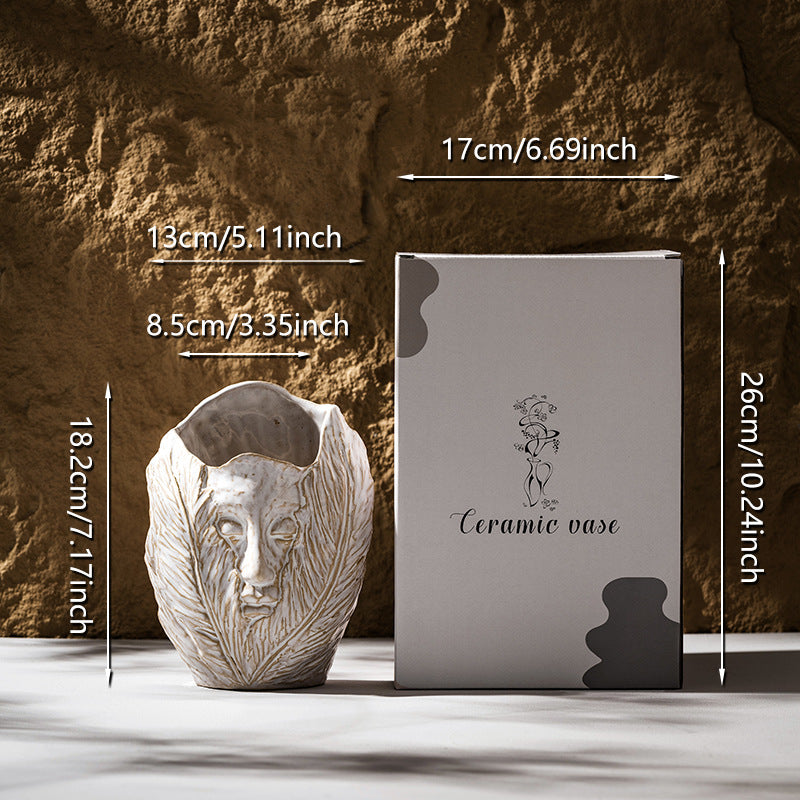 Sculptural Ceramic Face & Leaf Texture Tabletop Vase