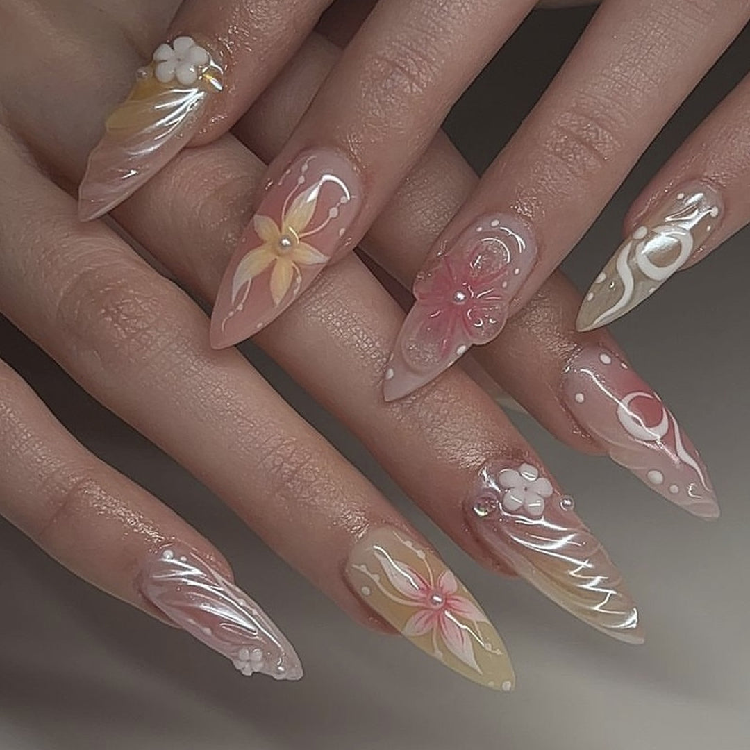 Artful Nail Extensions with Floral and Elegant Design Stornfield