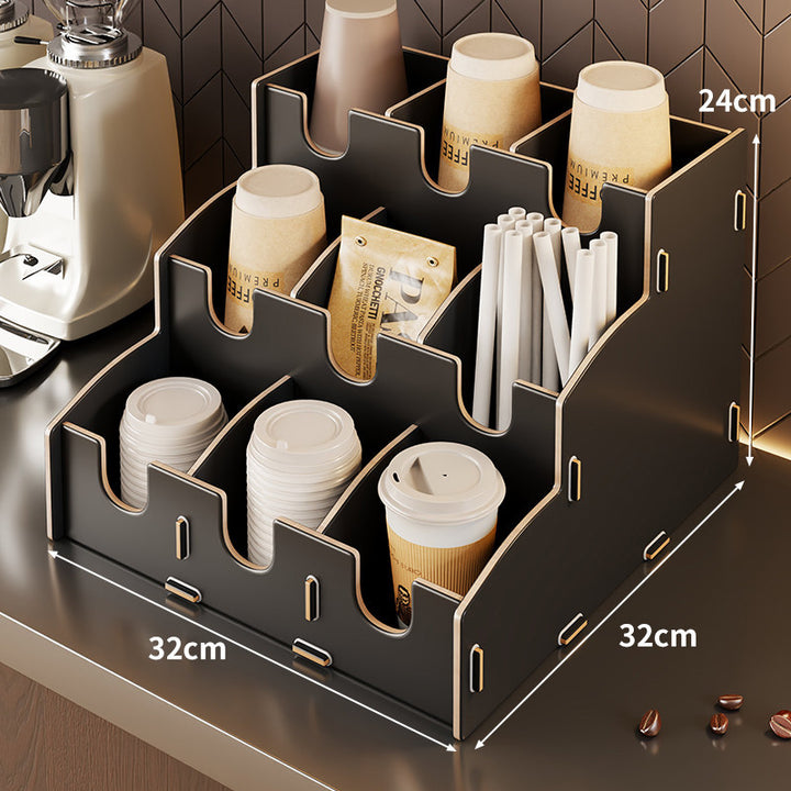 Modular Bamboo Countertop Coffee Station Organizer with Multi-Compartment Cup Lid and Straw Dispensers