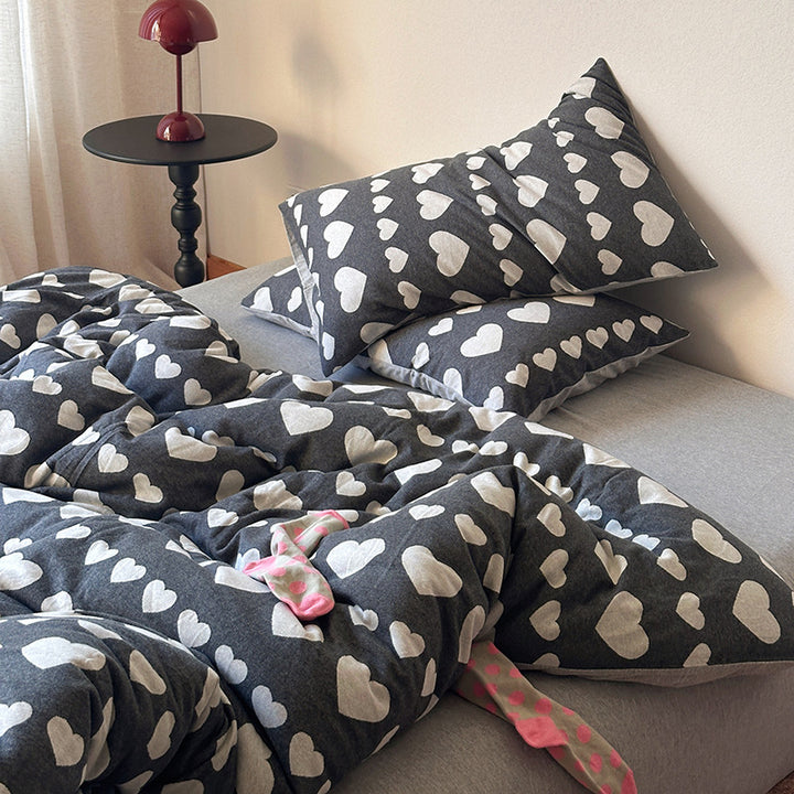 Heart-Print Cotton Duvet Cover Set with Pillowcases