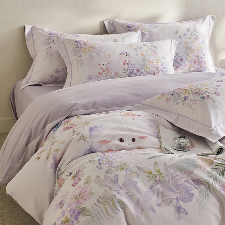 Reversible Botanical Cotton Sateen Duvet Cover Set with Pillow Shams