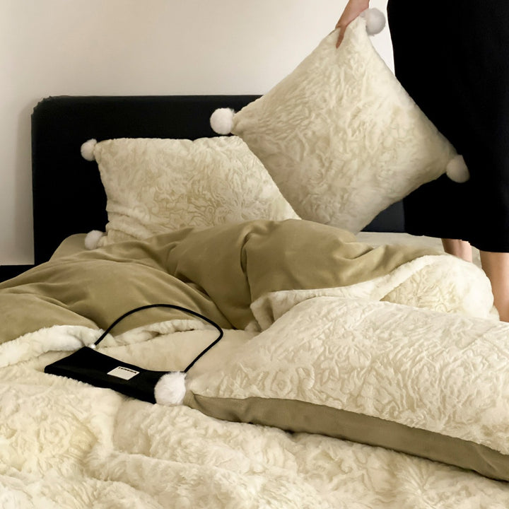 Plush Embossed Floral Sherpa Duvet Cover Set with Pom-Pom Trim