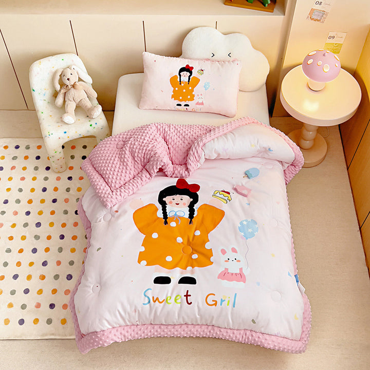 Plush Reversible Toddler Duvet Cover Set with Cute Sleeping Bear Print and Minky Dot Trim