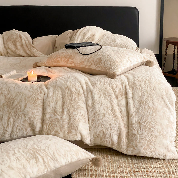 Plush Embossed Floral Sherpa Duvet Cover Set with Pom-Pom Trim