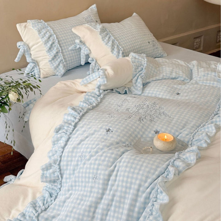 Ruffled Gingham Cotton Duvet Cover Set with Embroidered Center Panel & Tie Closures
