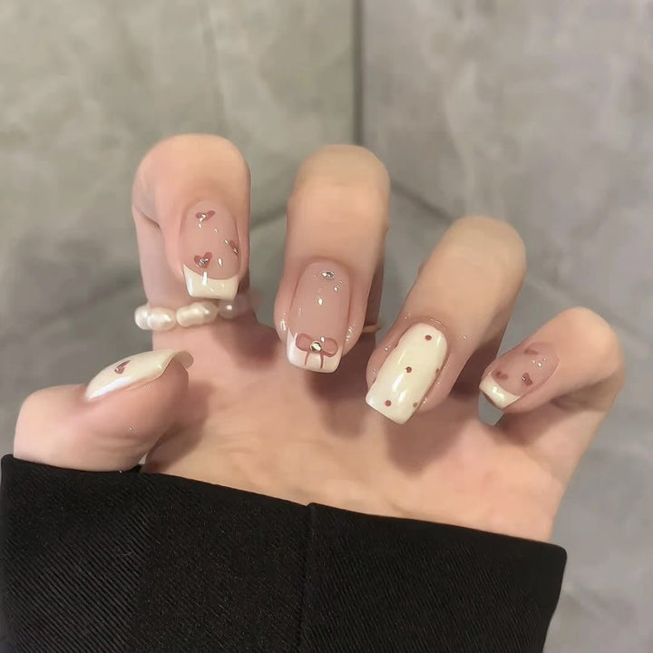 Decorative Press-On Nail Set with Heart and Bow Designs