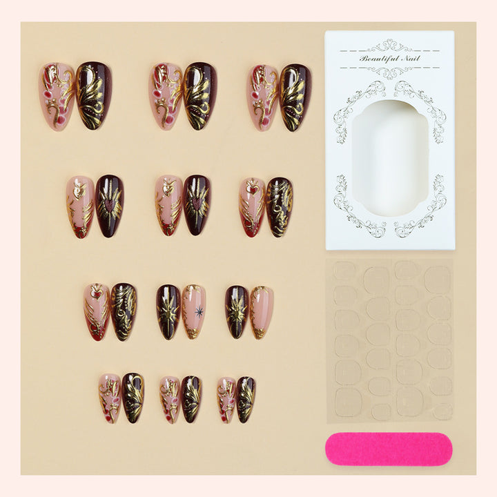 Decorative Press-On Nail Art Set with Intricate Gold Floral Design Stornfield