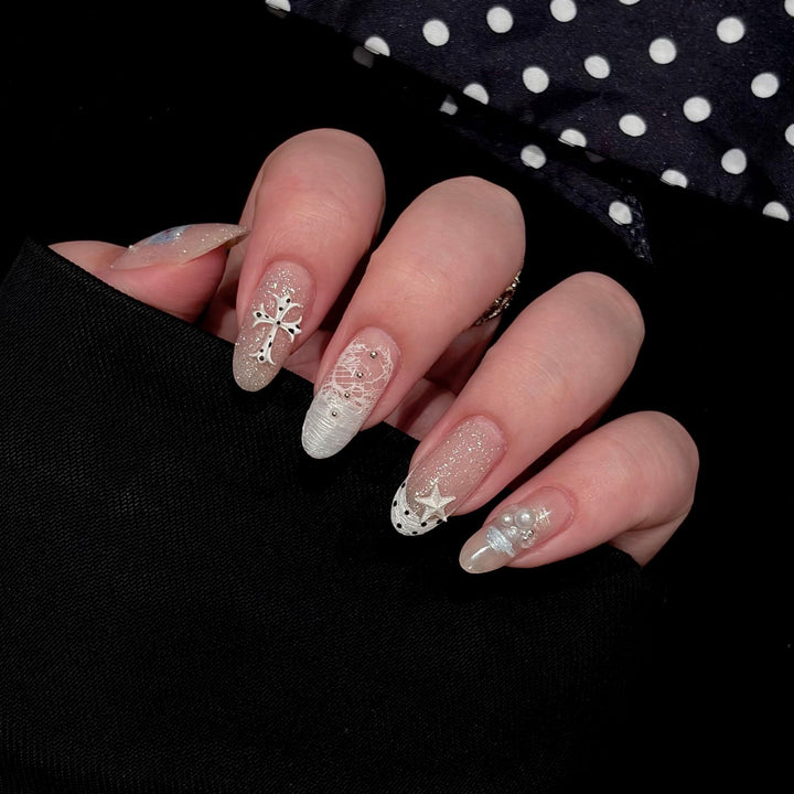 Acrylic Nail Set with Dreamy Glitter and Pearl Designs Stornfield