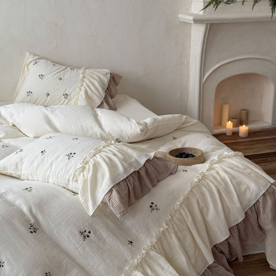 Ruffled Cotton Duvet Cover Set with Embroidered Floral Motif and Gingham Bed Skirt