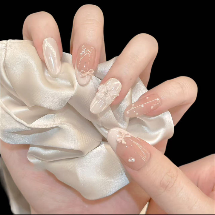 Decorative Press-On Nail Art Set with Bow and Floral Embellishments Stornfield