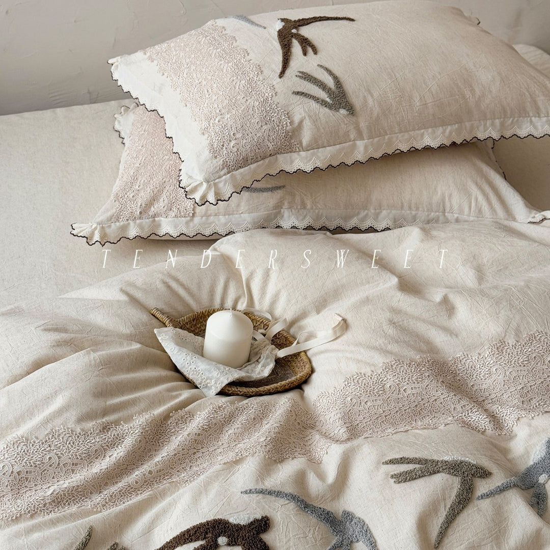Embroidered Bird Linen-Blend Duvet Cover Set with Scalloped Lace Trim