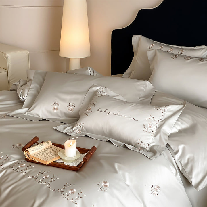 Embroidered Satin Duvet Cover Set with Delicate Floral Scroll