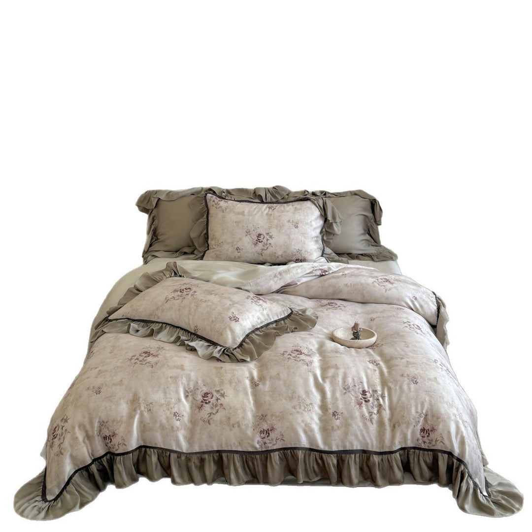 Vintage-Texture Floral Cotton Duvet Cover Ensemble with Ruffled Satin Border