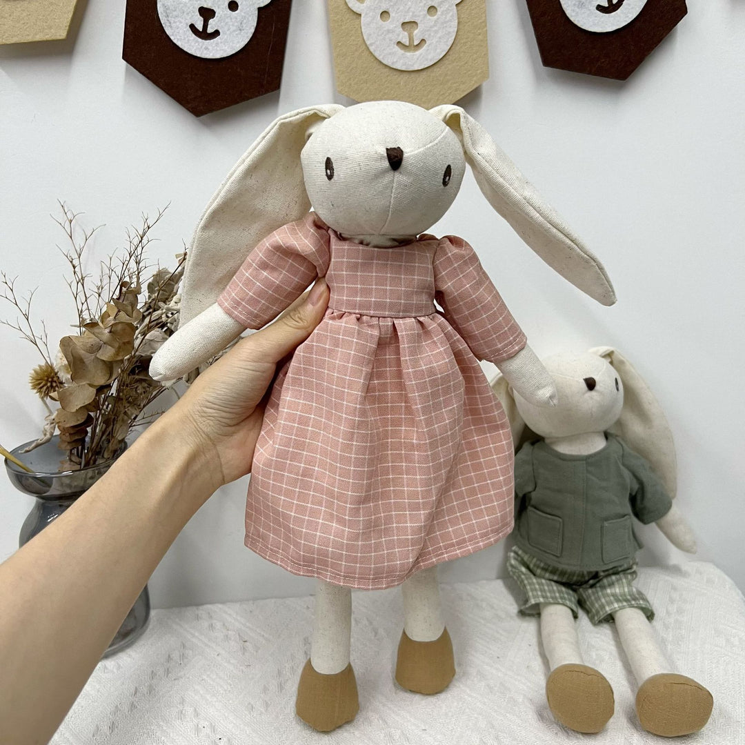 Soft Linen Bunny Doll Pair with Removable Vintage-Inspired Outfits