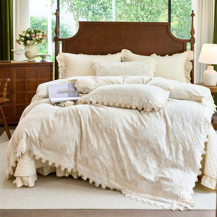 Cottage-Style Embroidered Cotton Duvet Cover Set with Crochet Lace Trim & Ruffle Bedskirt