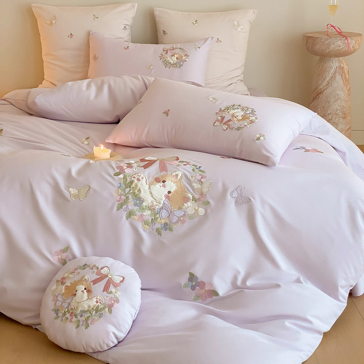 Pastel Botanical Embroidered Duvet Cover Set with Decorative Round Cushion