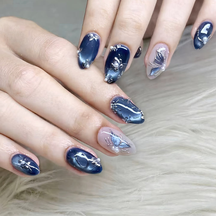 Artistic Press-On Nail Art Set with Floral and Pearl Embellishments Stornfield