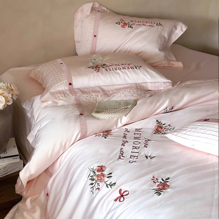 Embroidered Floral Cotton-Sateen Duvet Cover Set with Pintuck Accent Shams