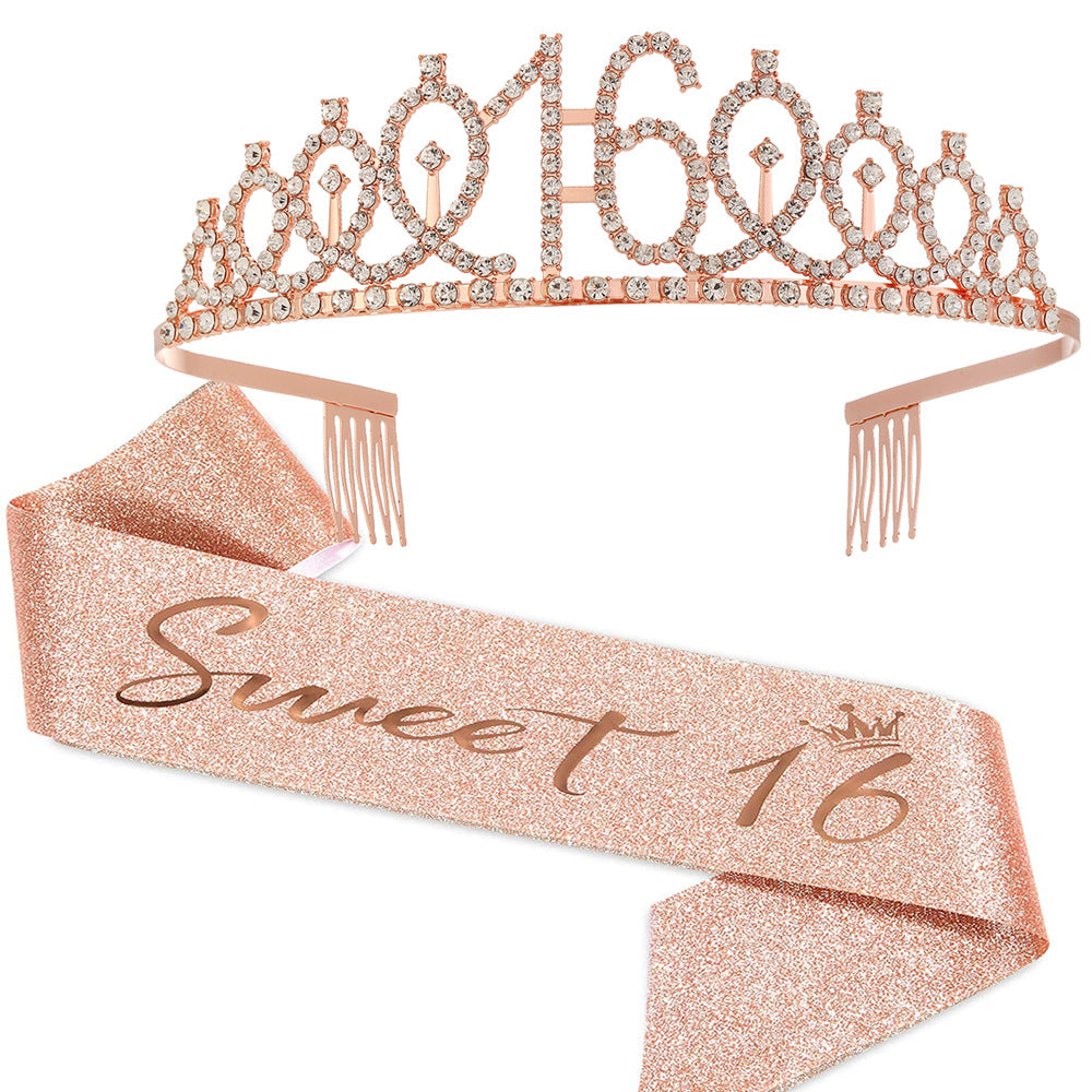 Girl Glittering Birthday Crown and Sash Set Stornfield