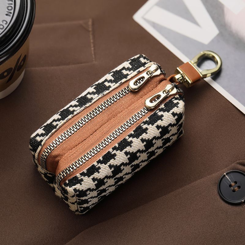 Double-Zippered Houndstooth Pattern Cosmetic Pouch Stornfield