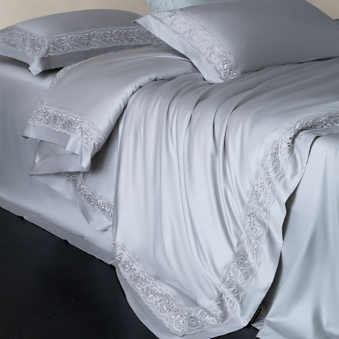 Silky Charmeuse Lace-Trim Duvet Cover Set with Concealed Closure and Matching Shams