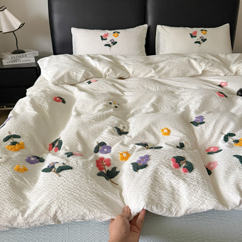 Textured Embroidered Floral Duvet Cover Set with Tufted Appliqué