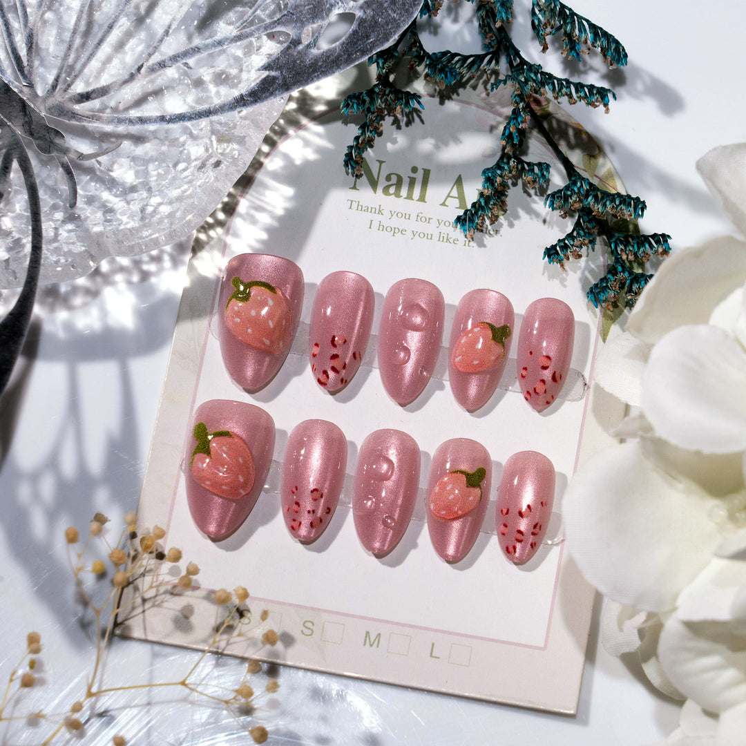Artistic Strawberry-Inspired Press-On Nail Art Stornfield
