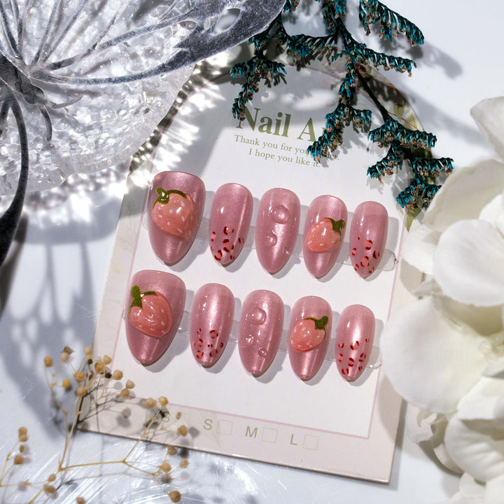 Artistic Strawberry-Inspired Press-On Nail Art Stornfield