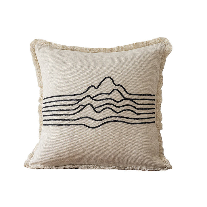 Decorative Embroidered Fish & Waves Fringe Throw Pillow with Linen-Blend Cover
