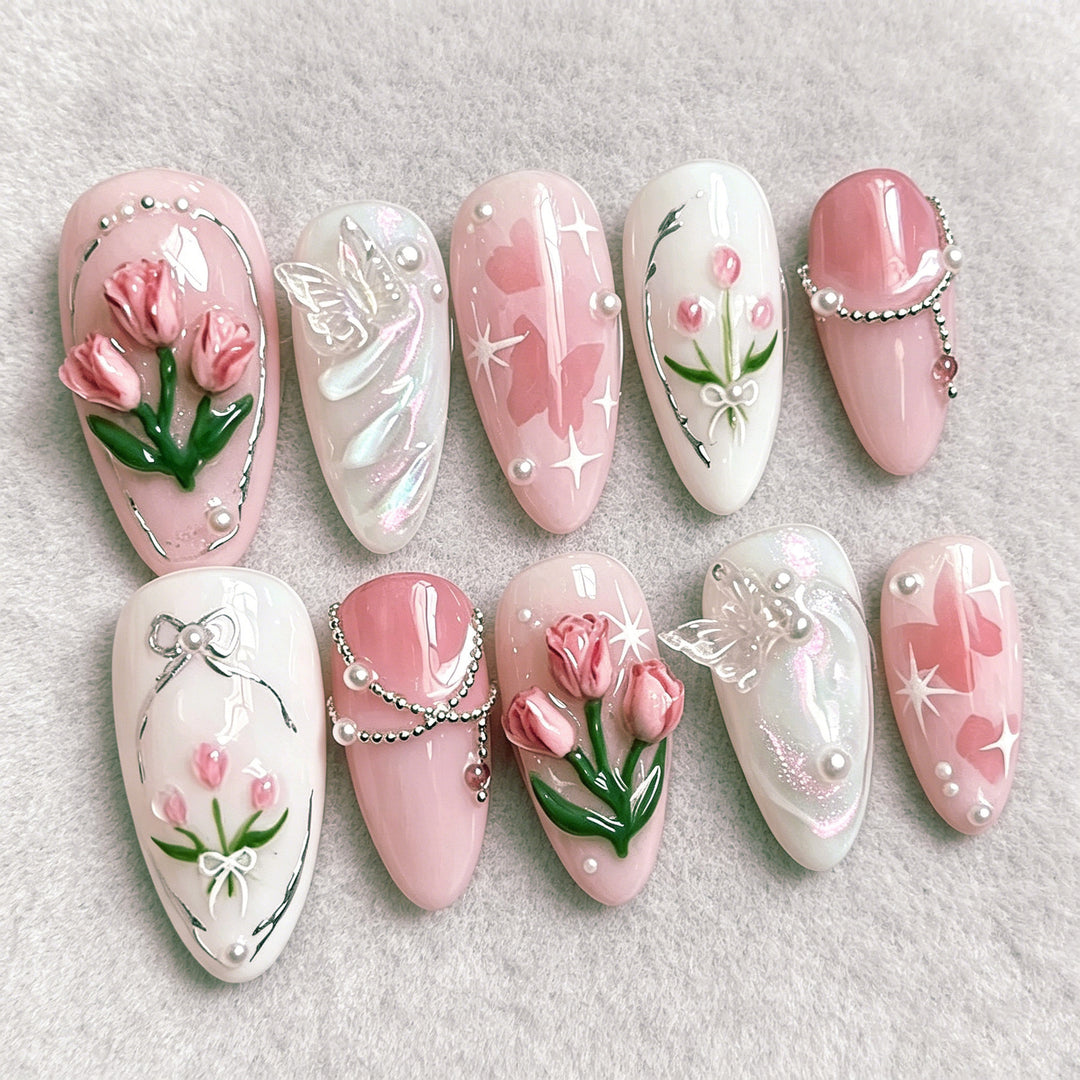 Floral-Themed Press-On Nail Art Set with 3D Elements Stornfield