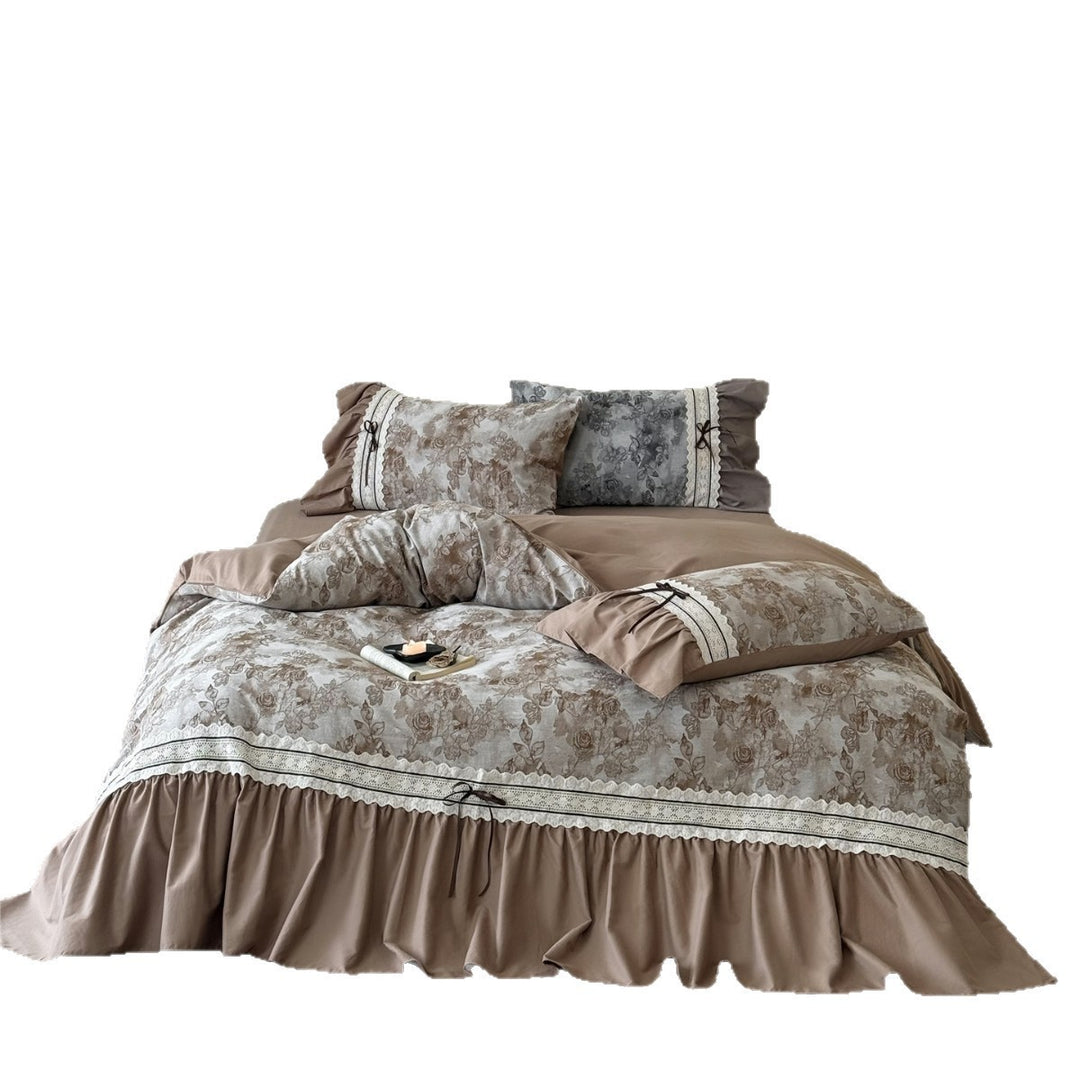 Vintage Rose Ruffled Lace-Trim Cotton Duvet Cover Set with Bedskirt & Pillow Shams