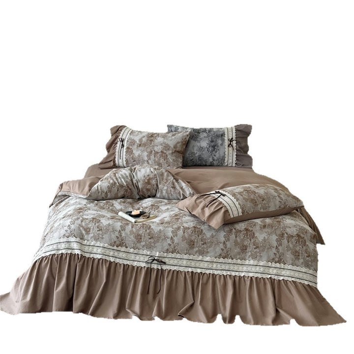 Vintage Rose Ruffled Lace-Trim Cotton Duvet Cover Set with Bedskirt & Pillow Shams