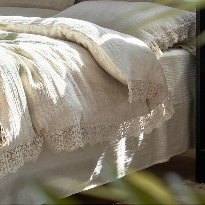 Washed Linen-Blend Gauze Duvet Cover Set with Crochet Lace Hem and Tied Bolster