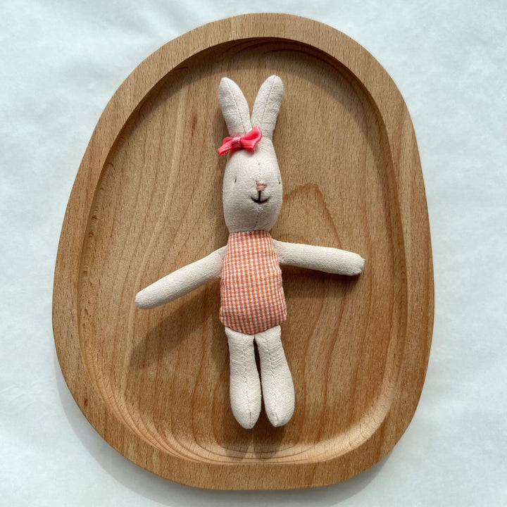 Hand-Sewn Linen Bunny Comforter Doll with Gingham Pocket Dress