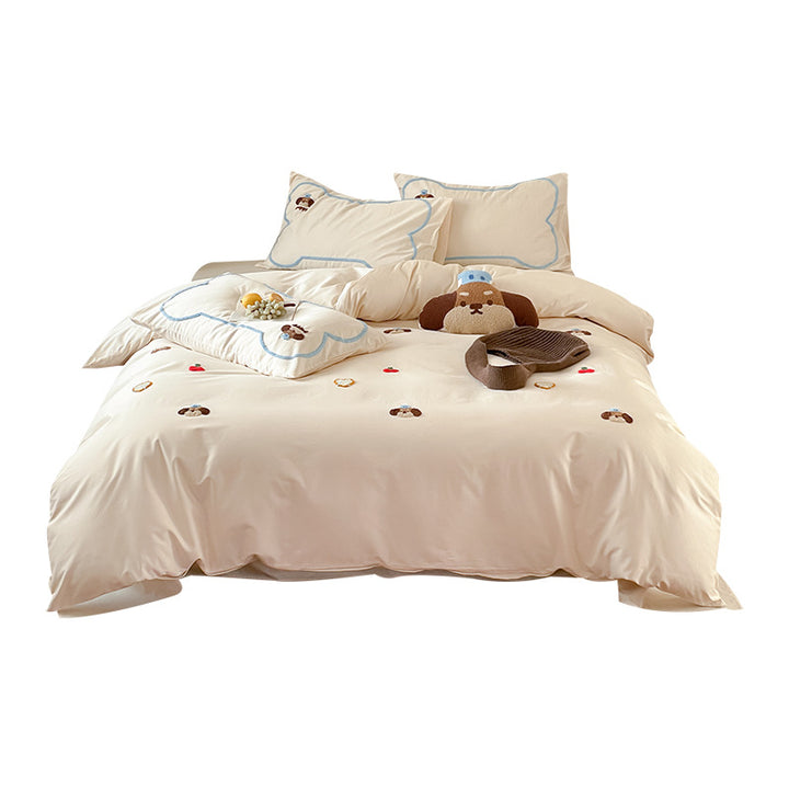 Embroidered Plush-Appliqué Cotton Sateen Duvet Cover Set with Cloud-Edge Shams