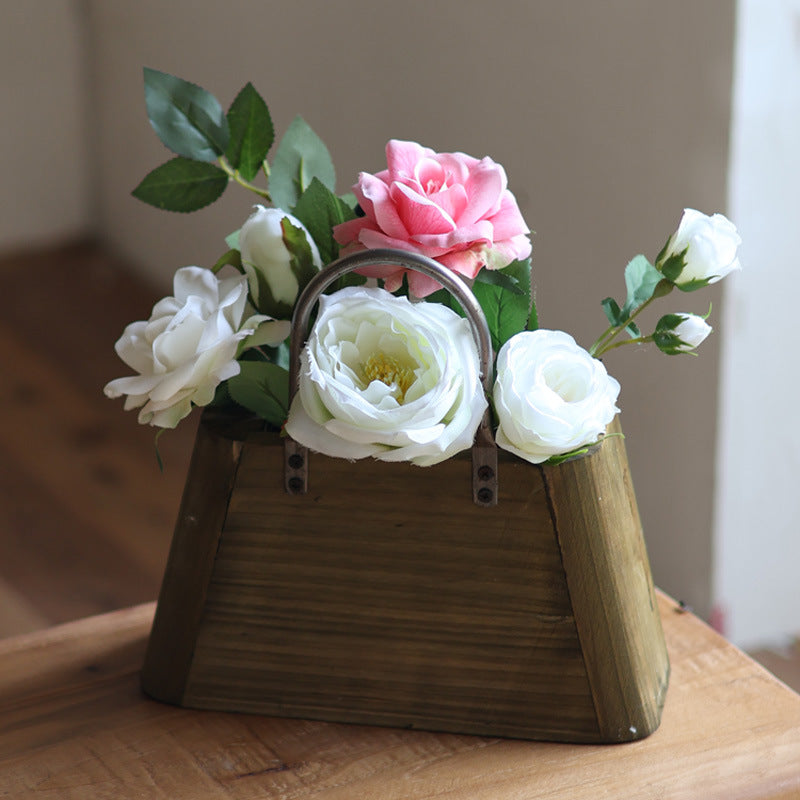 Handcrafted wooden basket with metal handles Stornfield