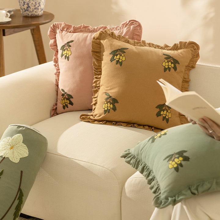 Square decorative cushion with frill edge and embroidered berry ornament made of cotton-linen Stornfield