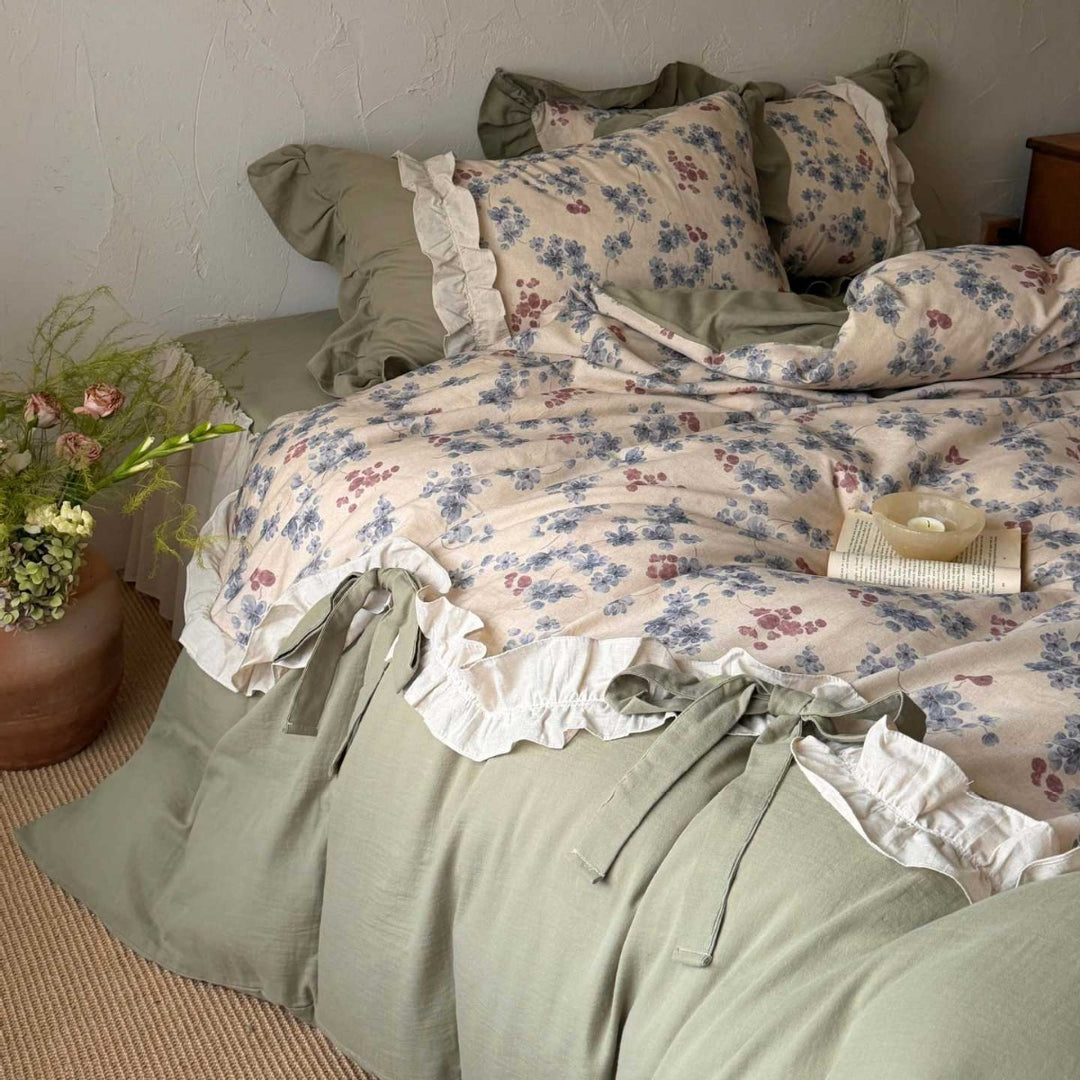 Vintage-inspired bedding set with ruffles, quilted bedspread, and cotton-linen bed skirt