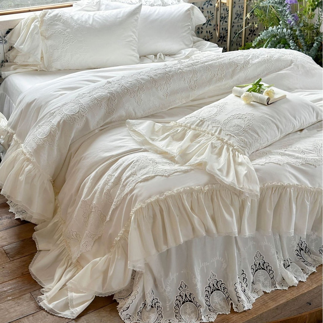 Romantic bedding set with lace embroidery, ruffle and gathered bedskirt
