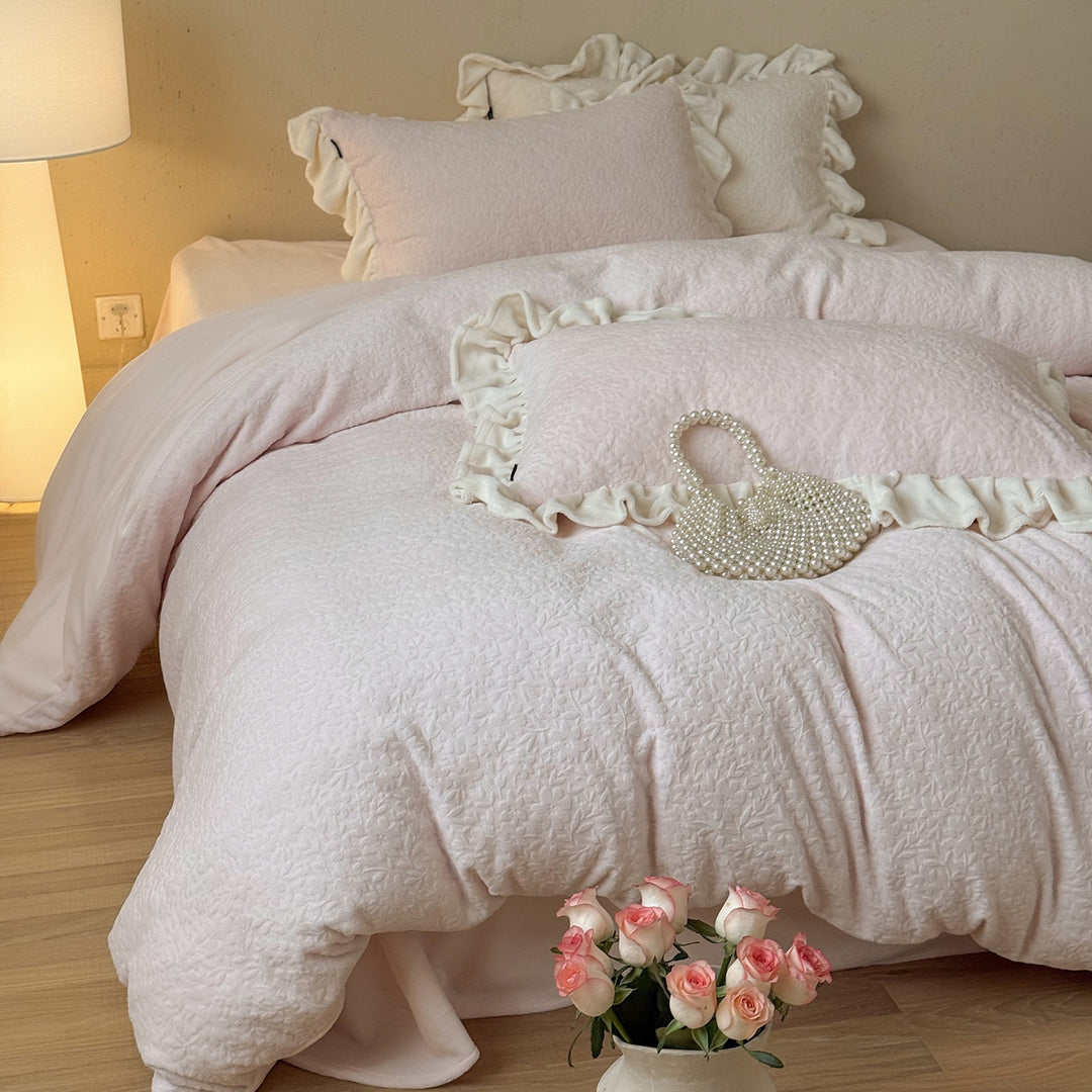 Quilted Floral-Embossed Cotton Duvet Cover Set with Ruffle-Trim Pillow Shams & Reversible Lightweight Layer