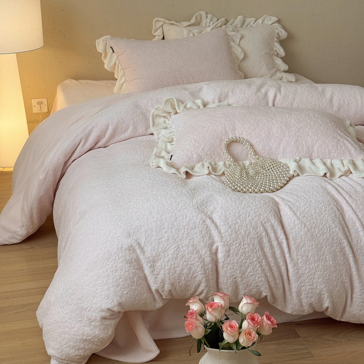 Quilted Floral-Embossed Cotton Duvet Cover Set with Ruffle-Trim Pillow Shams & Reversible Lightweight Layer