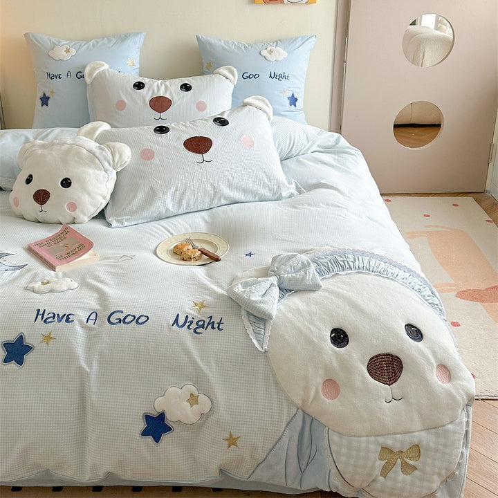 Children's Cotton-Blend Bear Embroidered Duvet Cover Bedding Set