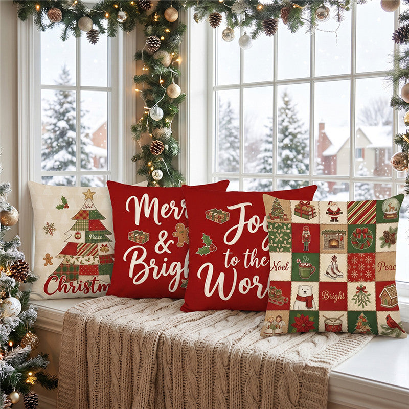 Festive Merry & Bright Holiday Decorative Throw Pillow Cover with Seasonal Icon Print