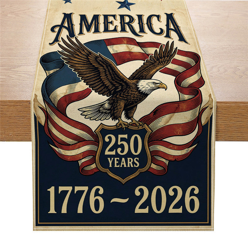 Patriotic Cotton-Linen Table Runner with Statue of Liberty and American Flag Print