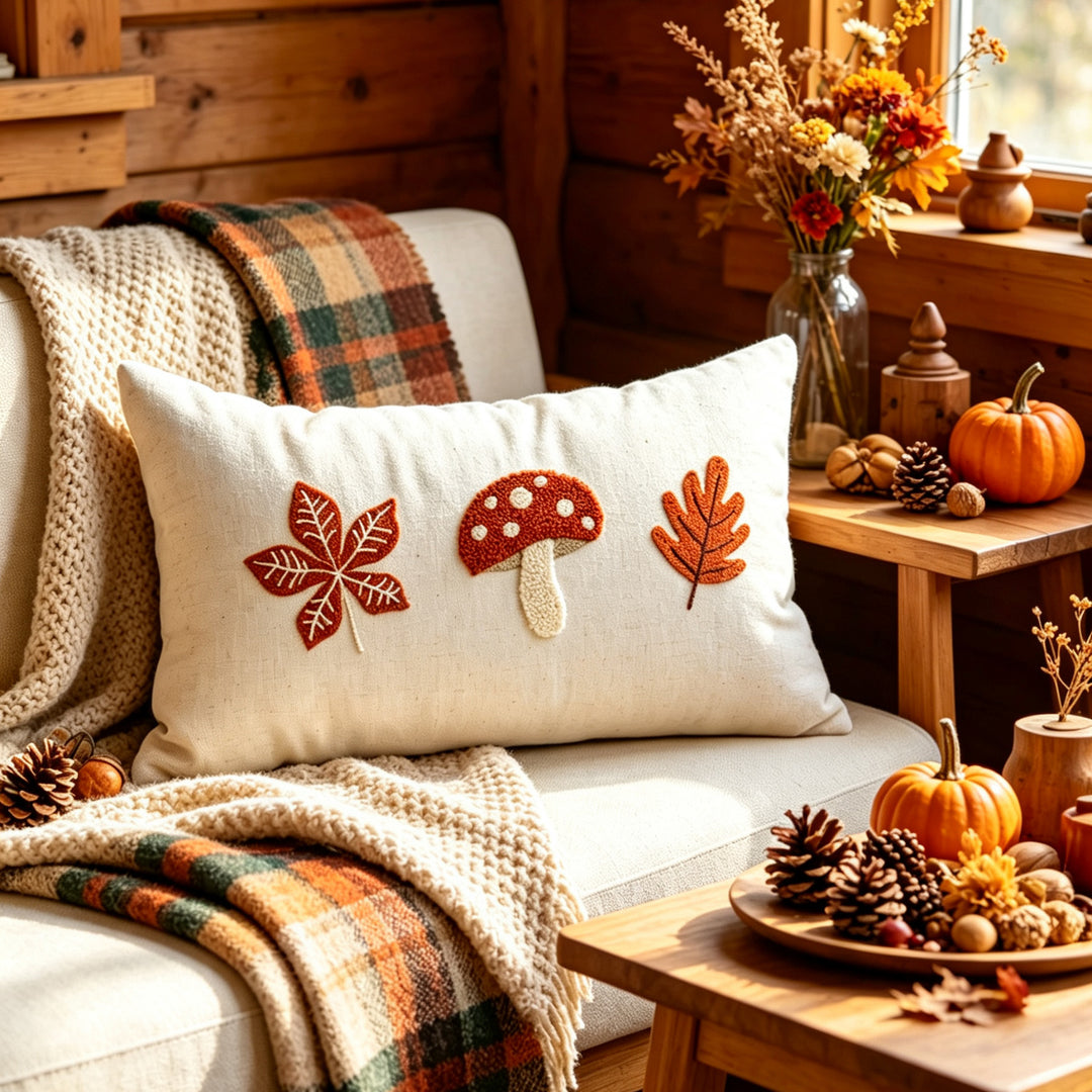 Embroidered Mushroom Linen Lumbar Throw Pillow Cover