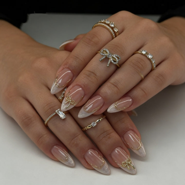 Artificial nails with Elegant French Design and Golden Decorations Stornfield