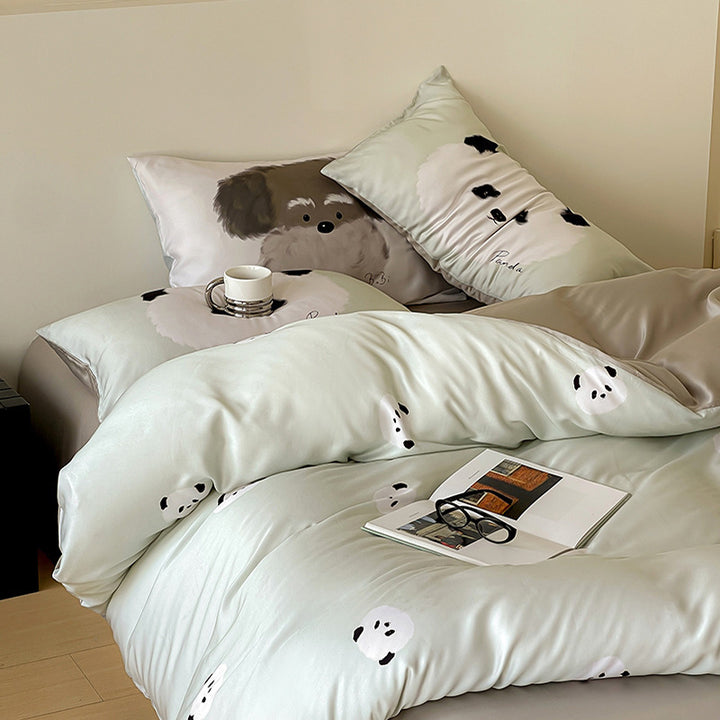 Reversible cotton satin bedding set with minimalist panda faces